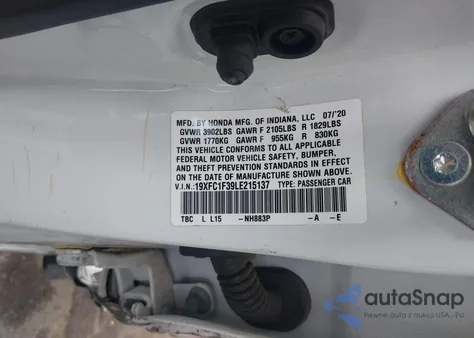 2020 Honda Civic Ex z USA, uszkodzony, nr VIN 19XFC1F39LE215137